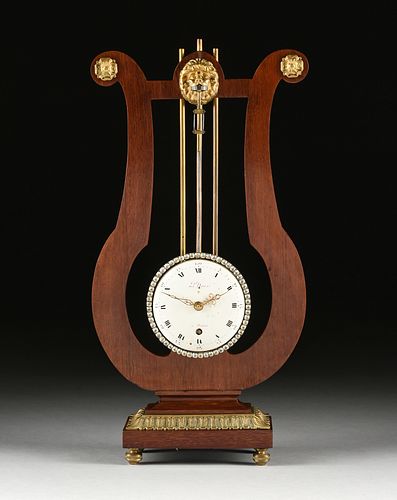 AN EMPIRE STYLE GILT BRONZE MOUNTED MAHOGANY LYRE FORM OSCILLATING CLOCK, BY LE DOUX, PARIS, LATE 19TH/EARLY 20TH CENTURY,