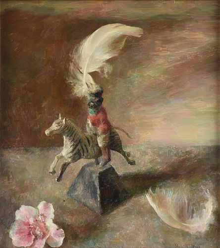 HENRIETTE WYETH (American 1907-1997) A PAINTING, "Still Life of a Ringmaster Riding Zebra Holding Feather with Flower,"