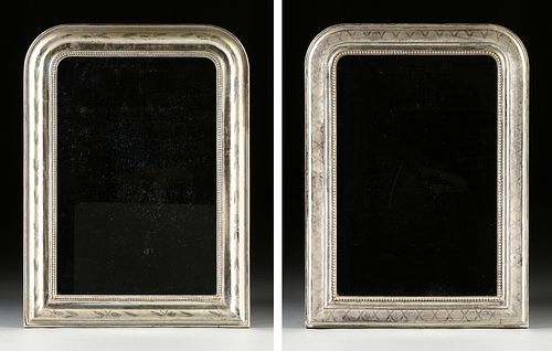 A MATCHED PAIR OF ANTIQUE FRENCH SILVER LEAFED MANTLE MIRRORS, 19TH CENTURY,