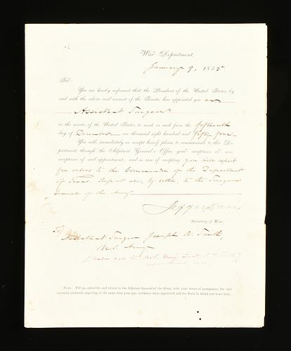 AN ANTEBELLUM UNITED STATES SURGEON GENERAL APPOINTMENT OF DR. JOSEPH ROWE SMITH, FROM JEFFERSON DAVIS, SECRETARY OF WAR, SIGNED, TO BVT. BRIGADIER GE