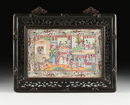 A CHINESE EXPORT ROSE MEDALLION PORCELAIN PLAQUE IN A ZITAN FRAME, ATTRIBUTED TO THE GUANGXU PERIOD, 1875-1908,