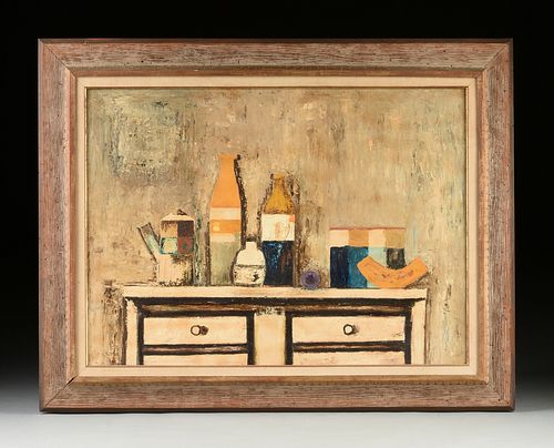 AMERICAN CONTEMPORARY SCHOOL, A CUBIST PAINTING, "Still life with Melon, Plum and Bottles on Dresser," MID 20TH CENTURY,