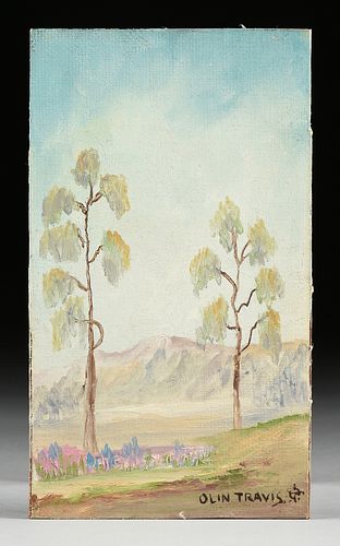 OLIN HERMAN TRAVIS (American/Texas 1888-1975) A PAINTING, "Two Trees in Landscape,"