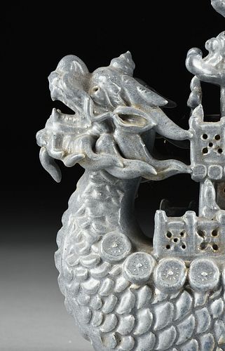 AN UNUSUAL VIETNAMESE/ANNAMESE BLUE AND WHITE DRAGON BOAT FORM CENSER, POSSIBLY 15TH/16TH CENTURY,