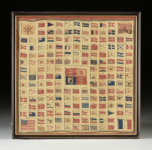 A RARE WORLD NAVAL ENSIGN AND FLAG CHART ON SILK, ENGLISH, 1839-1845,