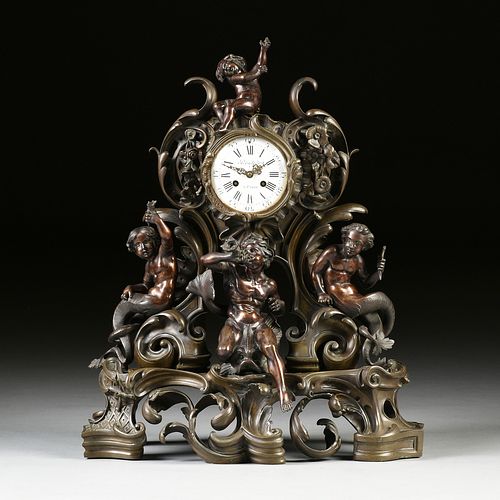 A GRAND ROCOCO REVIVAL PATINATED BRONZE FIGURAL MANTLE CLOCK, RETAILED BY BRULFER, PARIS, MID 19TH CENTURY,