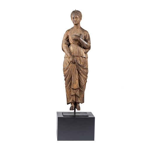 A Rare and Important Carved, Painted and Gilded Pine Classical Female Figure