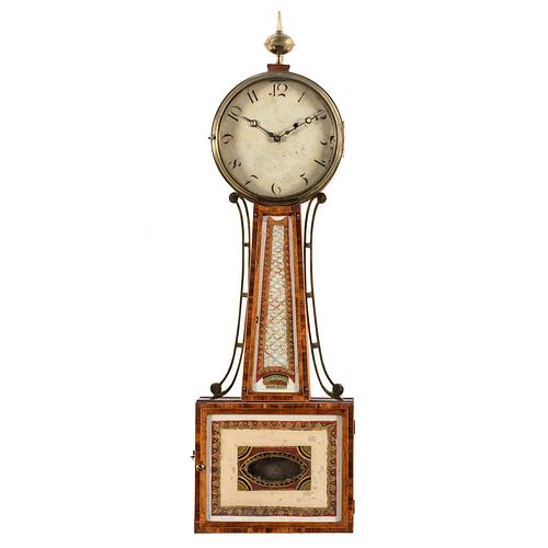 A Federal Reverse-Painted Glass and Inlaid Mahogany Banjo Clock