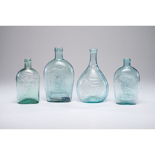 Four Aqua Blown and Molded Glass Bottles