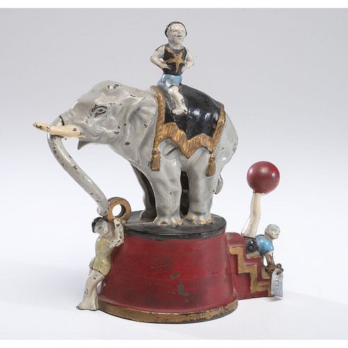 An Elephant and Three Clowns Cast Iron Mechanical Bank