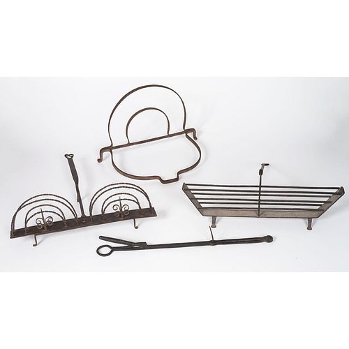 Two Wrought Iron Toasters, A Trivet and Tongs