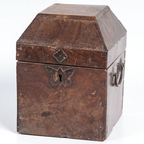 A Burlwood Box with Iron Handles and Butterfly Escutcheon 