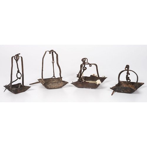 Four Wrought Iron Hanging Oil Lamps