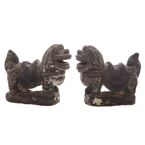Pair Chinese Painted Terracotta Foo Dogs