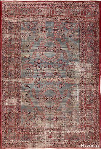 Antique Shabby chic Persian Kerman,9 ft 10 in x 14 ft 4 in (3 m x 4.37 m)