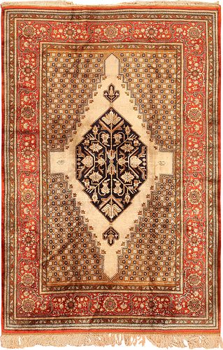 Vintage Persian Silk Qum , 4 ft 5 in x 6 ft 5 in ( 1.35 m x 1.96 m )