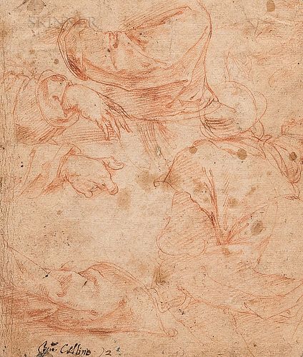 Italian School, 16th Century  Two Fragmentary Double-sided Sketches: Study of Hands and Drapery (verso sketch of a rinceau an...