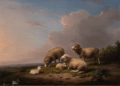 Frans Van Severdonck (Belgian, 1809-1889)      Sheep and Lambs in a Landscape