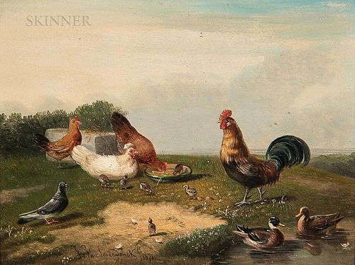 Frans Van Severdonck (Belgian, 1809-1889)      Rooster, Hens, Chicks, Ducks, and Pigeon in a Landscape