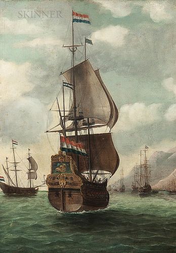 Dutch School, 17th Century Style      Dutch Ship Approaching a Mountainous Coast