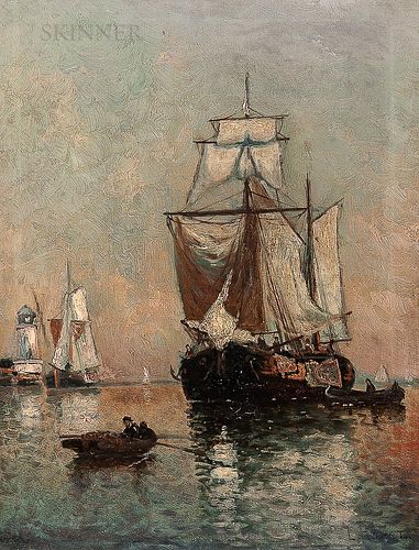 Laurits Bernhard Holst (Danish, 1848-1934)      Sailing Vessel in a Quiet Harbor with Approaching Dinghy
