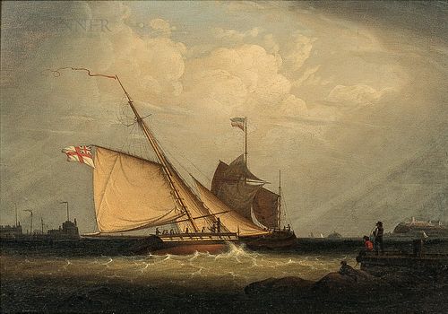 Robert Salmon (Anglo/American, 1775-1858)      British and German Vessels in a Stiff Breeze at the Mouth of a Harbor