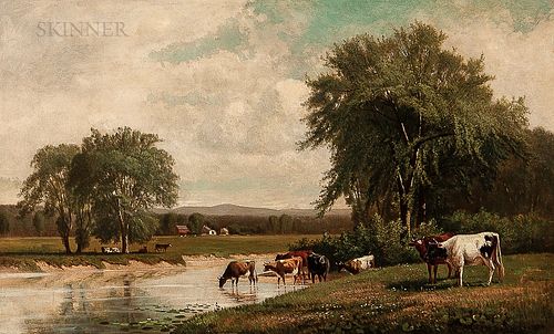 Clinton Loveridge (American, 1838-1915)      Broad Landscape with Cows Watering in a Stream