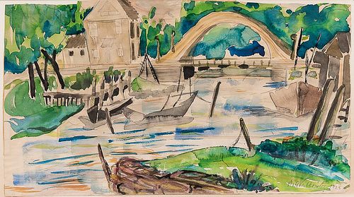 Abraham Walkowitz (American, 1878-1965)      Boat Docks in Maine