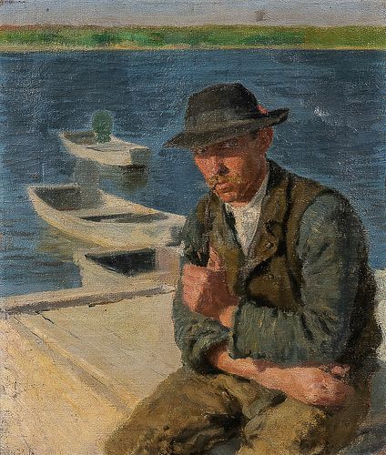 Oszkár Glatz (Hungarian, 1872-1958)      Man with a Pipe Seated Dockside
