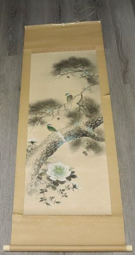 Signed Japanese Scroll Painting of Birds.