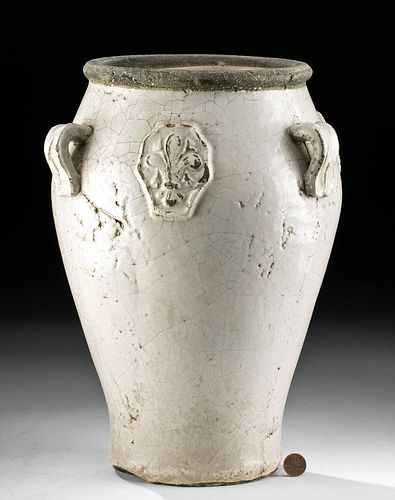 19th C. French Glazed Pottery Vase w/ Fleur de Lis