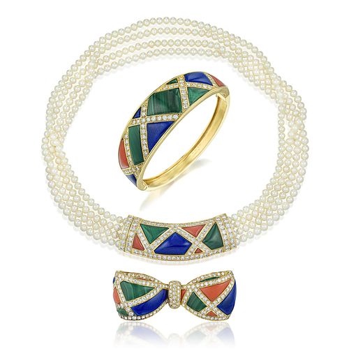 Van Cleef & Arpels Diamond and Multi-Colored Inlay Gemstone Set