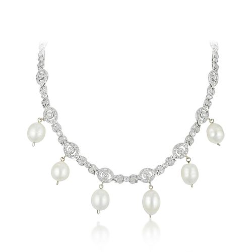 Art Deco Style Diamond and Freshwater Pearl Necklace
