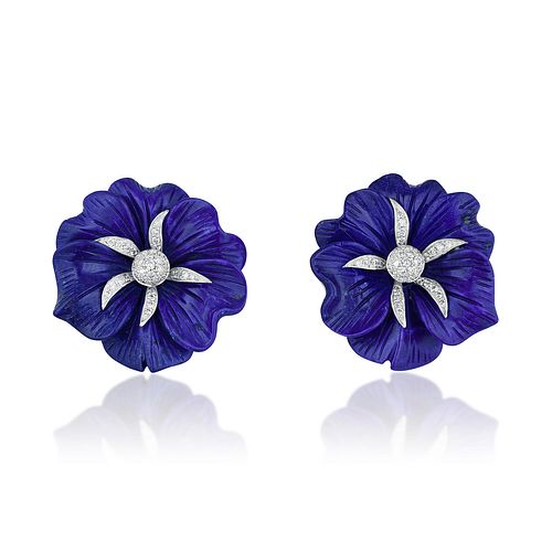 Lapis Lazuli and Diamond Flower Earrings