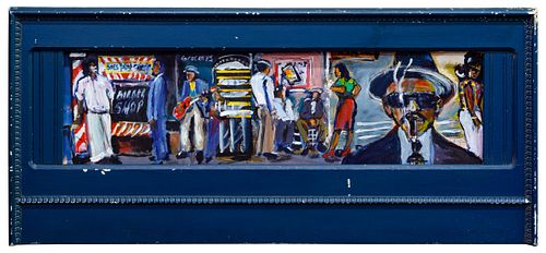 Wayne Manns (American, 20th Century) 'Street Scene in Blue' Acrylic and Found Objects on Panel