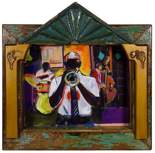 Wayne Manns (American, 20th Century) 'Trumpet Player' Acrylic and Found Objects on Panel