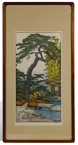 Toshi Yoshida (Japanese, 1911-1995) 'Pine Tree of the Friendly Garden' Woodblock Print