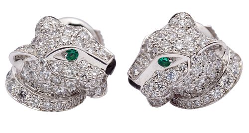 Cartier 18k White Gold, Emerald, Onyx and Diamond 'Panthere de Cartier' Pierced Earrings