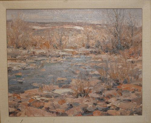 Terrance Hick (b. 1950), oil on board, landscape, entitled on verso "Deer Creek", dated on verso Feb. 92', signed lower right Hick, 11" x 14".