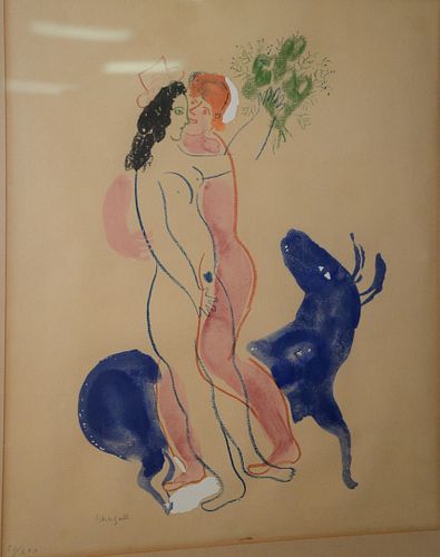 Marc Chagall, lithograph, Blue Bull with two figures, pencil signed lower left, numbered 50/300, sight size 18.5" x 15".
