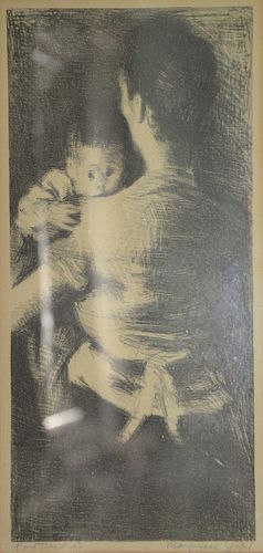 Raphael Soyer, lithograph, entitled "Protected", pencil signed and titled, Far Gallery label on verso, sight size 14" x 6.75".