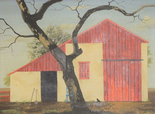 Paul Crosthwaite (1911-1981), oil on board, red and white barn with large tree, signed lower right Crosthwaite, in painted frame, 12" x 16".