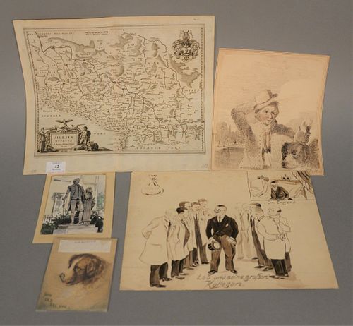 Four piece lot to include watercolor of dog, watercolor of doctors marked 'Kullegen', early 19th C. map of Germany, along with ink of Chief of Humane 