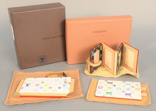 Three Louis Vuitton pieces, white monogram change purse, white monogram mirror, and colorful monogrammed photo album, all with original receipt, total