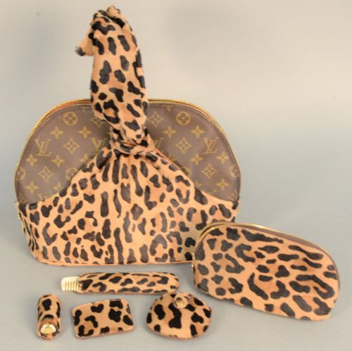 Louis Vuitton "Alaia" centenaire monogram and leopard print handbag with matching purse, compact, comb and small pouch, "1896 - 1996 SN-BA 1906".