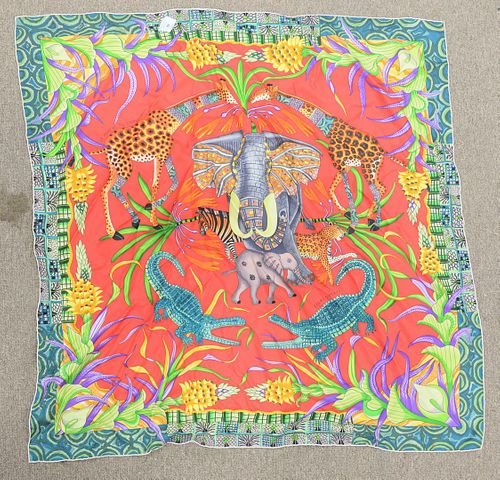 Hermes silk scarf "La Marche Du Zambeze" having animal print, 34" x 34".