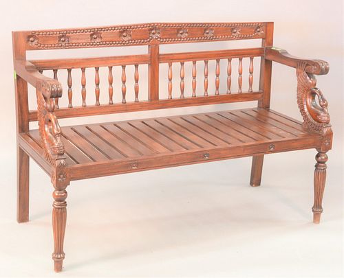 Teak bench with swan arm supports, ht. 35", wd. 53".