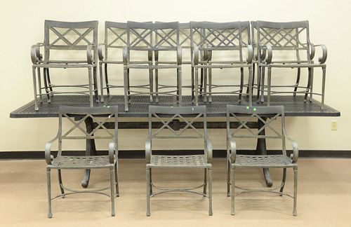 Extra large metal outdoor table and twelve chairs, ht. 30 1/2", top 48" x 19".