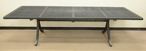 Extra large metal outdoor table on pedestal base, ht. 30", top 48" x 119".
