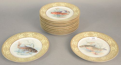 Set of twelve German hand painted fish plates. dia. 8 1/2".